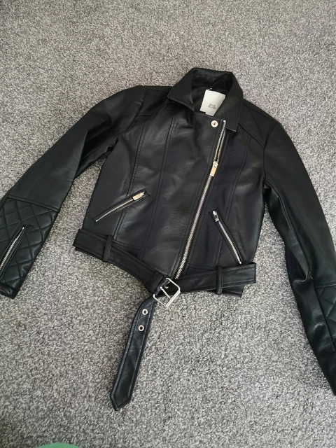 Girls RIVER ISLAND Black Faux Leather Zip Belted Biker Jacket Age 9-10 Years