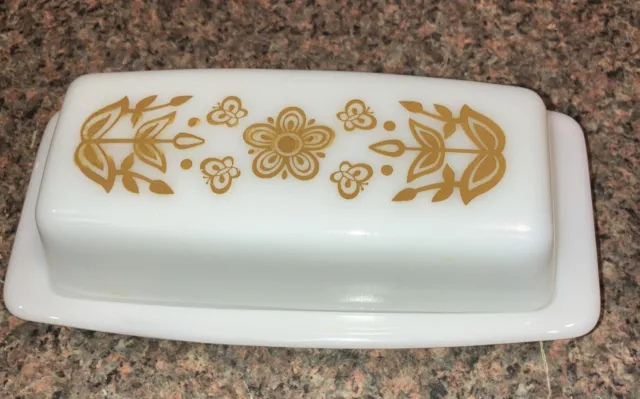 Vintage Butterfly Gold Daisy Mint PYREX 72-B Butter Stick Dish & Lid Milk Glass