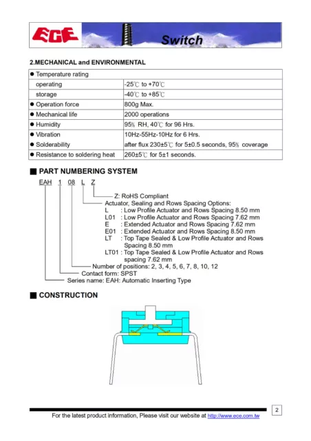 ECE DIP-Schalter 10-polig RM 2,54mm 24V DC 25mA IC DIL Switch EAH-110-EZ 855905 3