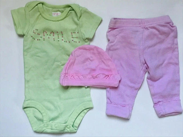 Baby Girl's Size NB Newborn 3 Piece Carter's Green SMILE Top, Pink Pants + Cap