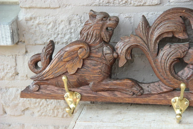 Antique French oak wood carved lions castle pediment coat rack wall 3