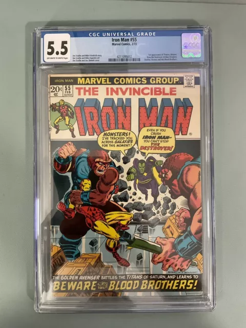 Invincible Iron Man #55 [CGC 5.5 OW-W] 1st App Thanos Drax Starfox - Marvel Key!