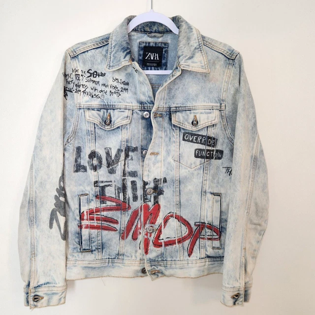 Women's Zara Graphic Print Stone Wash Denim Jacket Blue US Size Med. Rare!
