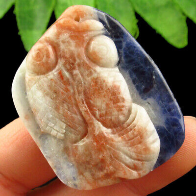 B57852 Carved Old Sodalite Fish Pendant Bead 45x35x9mm