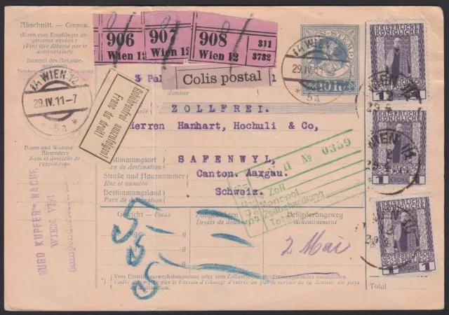 Österreich Paketkarte von Wien nach Safenwyl/Schweiz, 1911 #1044299