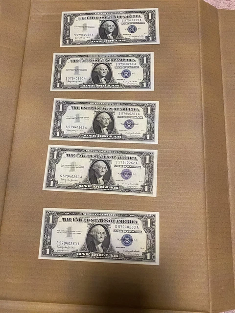 Consecutive 1957 One Dollar Blue Seal Note Silver Certificate lot of 5