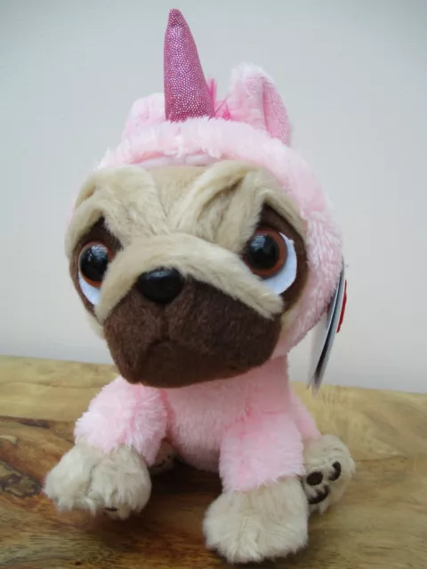 Keel Toys 6" Pugsley in a pink unicorn costume soft toy plush dog VGC with tags