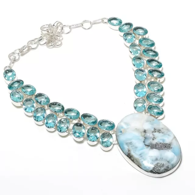 Natural Caribbean Larimar, Blue Topaz 925 Sterling Silver Necklace 18" Gift w566 2