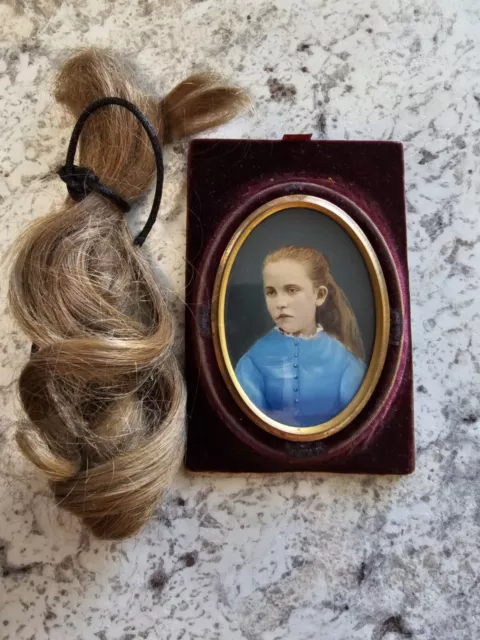 Superb Antique Portrait Miniature Painting of a Girl With Hair Sample.