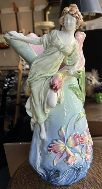 Antique Art Nouveau Majolica Vase Figural Lady Floral Huge Beautiful 15.5” H