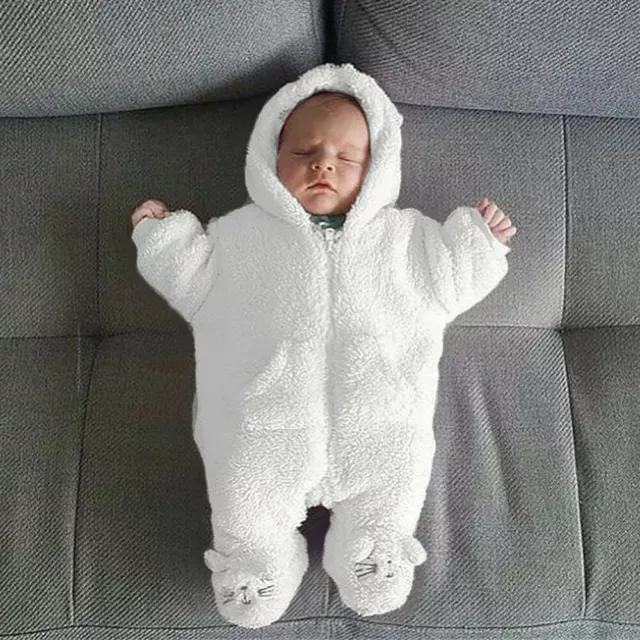 Newborn Infant Baby Boy Girl Hooded Fleece Flannel Romper Jumpsuit Warm Clothes