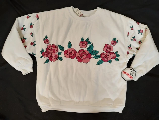 NOS 80's Vintage Dashers Padded Sweatshirt Super Fluffy Pink Roses Pattern Sz L