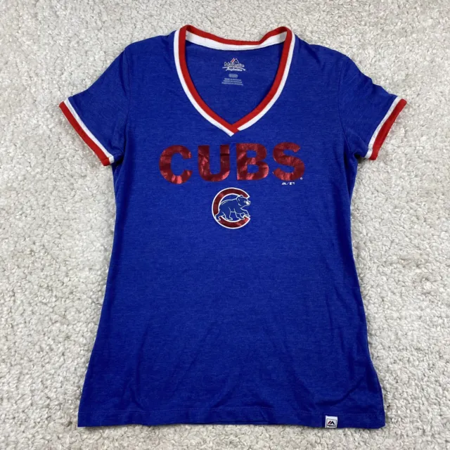 Chicago Cubs Shirt Womens Gray Blue MLB Baseball V Neck Casual Ladies Size Small
