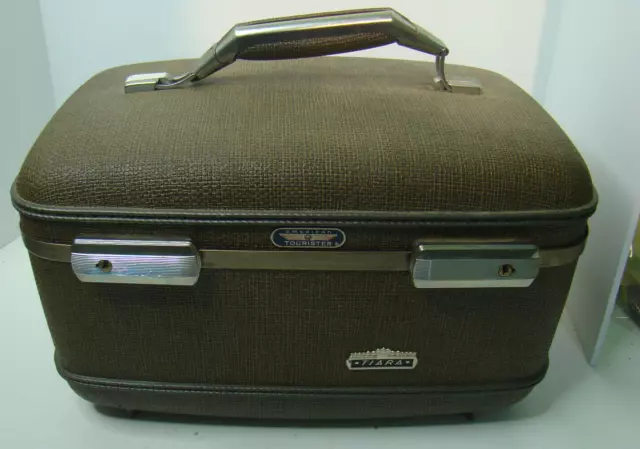 American Tourister Vintage Tiara Train Case Beige Hard Shell with Tray Insert