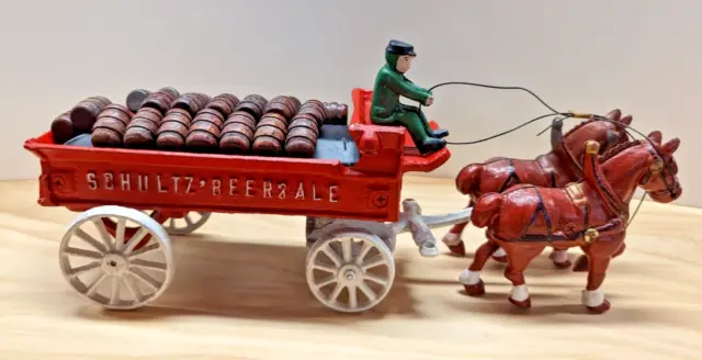 VINTAGE SCHULTZ BEER & Ale Cast Iron Horse And Wagon With Barrels (no ...