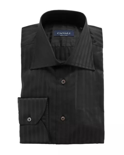 NWT CANALI DRESS SHIRT black tone-on-tone striped cotton luxury Italy 39 15 1/2