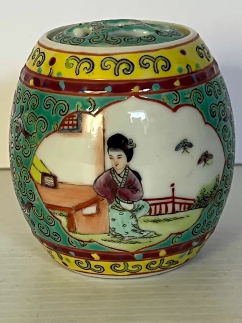 Vintage Chinese Famille Rose Porcelain Figure Lidded Jar Tea Caddy