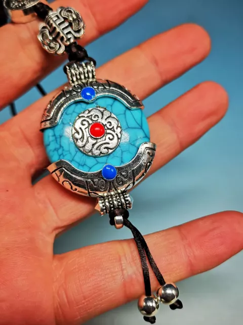Excellent Chinese Tibetan Silver Inlaid Turquoise Pendant Sweater Chain C70