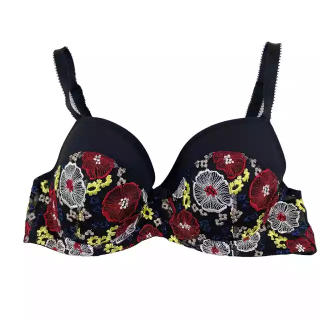 Huit 8 Women's Size 32D Black Floral Embroidered Push Up Bra