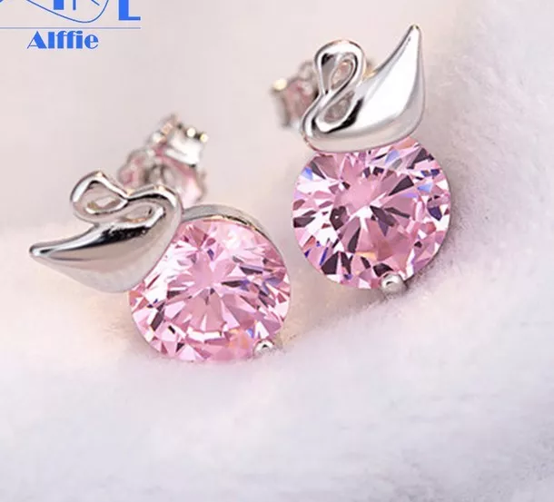 Sterling Silver Swan Cubic Zirconia AAA Quality Crystal Stud Earrings Pink S12