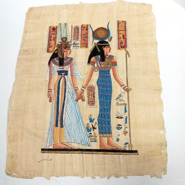 Hand Painted Ancient Egyptian Papyrus Replica From Temple Walls Isis & Nefertari