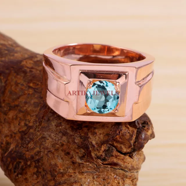 Natürlich Blau Topas Edelstein Rose Vergoldet 925 Sterlingsilber Herren Ring Mit