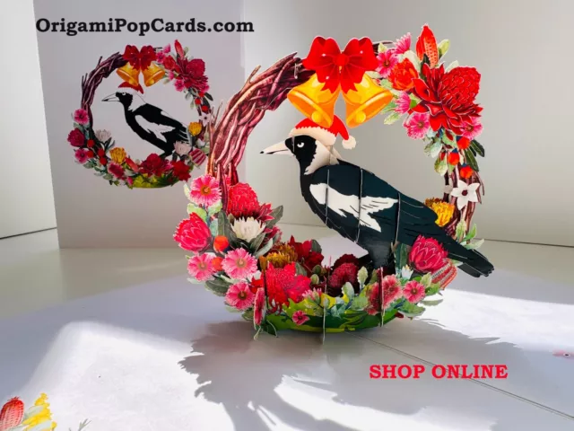 ORIGAMI POP CARD Australian Magpie Bird 3D Merry Christmas Pop Up Greeting Card