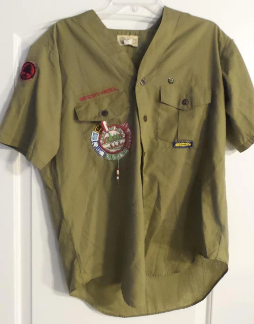 1960's Boy Scout Uniform - Shirt with Many Patches Olive Green Size 15