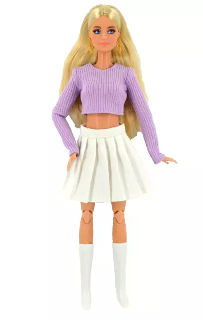 New Barbie Doll Clothes WHITE PLEATED SKIRT~LILAC TOP~WHITE BOOTS