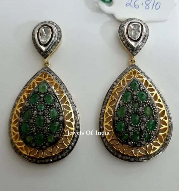 Natural Rose Cut Diamond Polki Emerald 925 Sterling Silver Earrings Jewelry