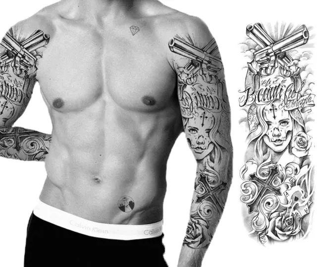 Tatouage Éphémère Homme Femme Bras Faux Tattoo Temporaire Sleeve Mexican Carnage