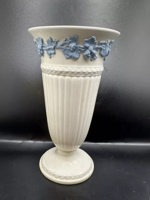 Wedgwood Queens Ware Embossed Vase Pale Blue on Cream Grapes Leaves 8” (AS IS) 3