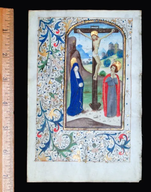 c. 1475 MEDIEVAL BOOK OF HOURS LEAF, THE CRUCIFIXION, ILLUMINATED MANUSCRIPT