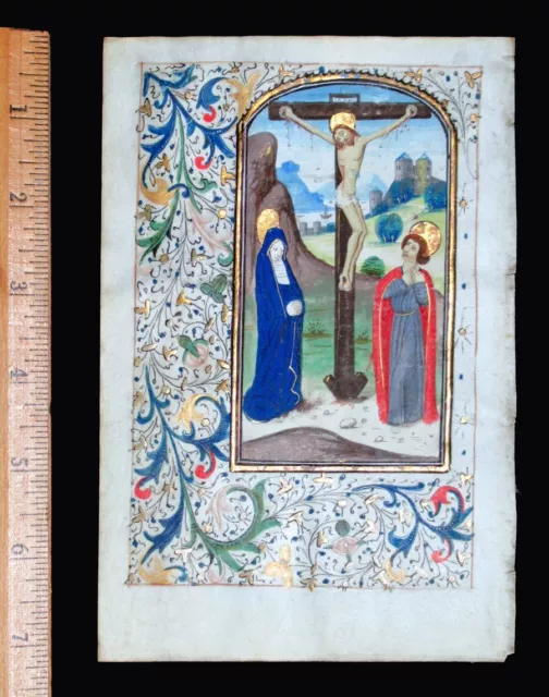 c. 1475 MEDIEVAL BOOK OF HOURS LEAF, THE CRUCIFIXION, ILLUMINATED MANUSCRIPT c. 1475 MEDIEVAL BOOK OF HOURS LEAF, THE CRUCIFIXION, ILLUMINATED MANUSCRIPT