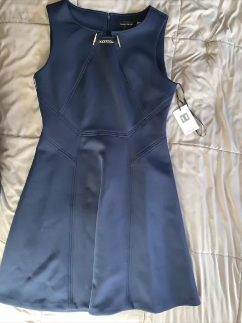 Ivanka Trump Sleeveless A Line Dress Size 12 Navy Blue Career Work Gold Knee