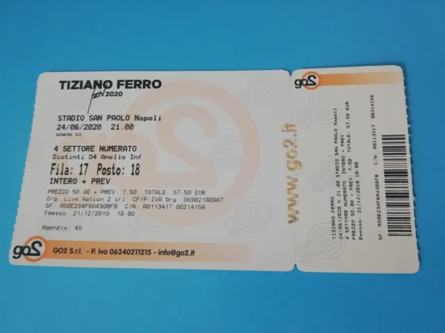 Biglietto Concerto Tiziano Ferro Napoli 28 Giugno 2023