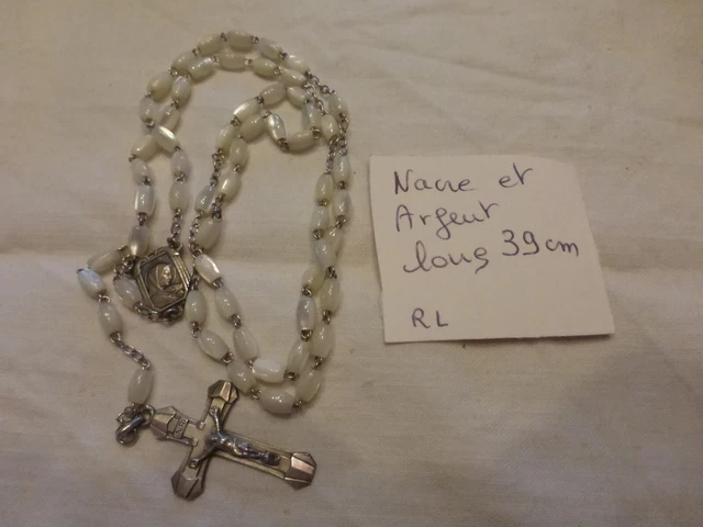 RL/ ancien chapelet en argent perles en nacre longueur 39 cm