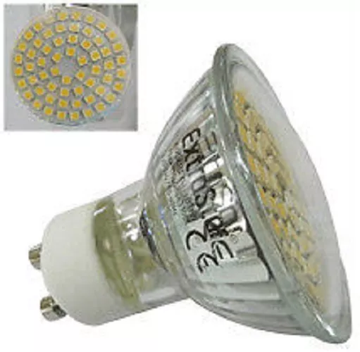 BOMBILLA GU10 60 LEDS SMD 3W LUZ CALIDA 3300k,120º, Dicroica Tapada 50mm, 230V