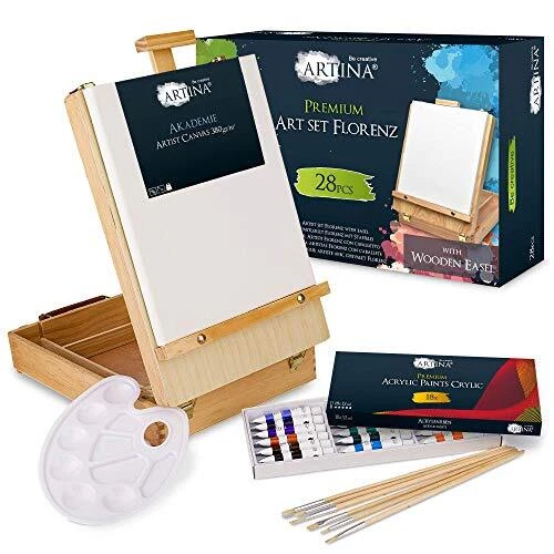 Artina 28 pcs. Kit Peinture Acrylique dans Coffret en Bois Florence – 18x12ml...