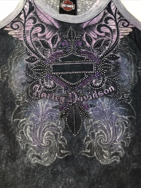 Harley Davidson Women’s Tank Top Black Purple Rhinestones Angel Wings Shirt