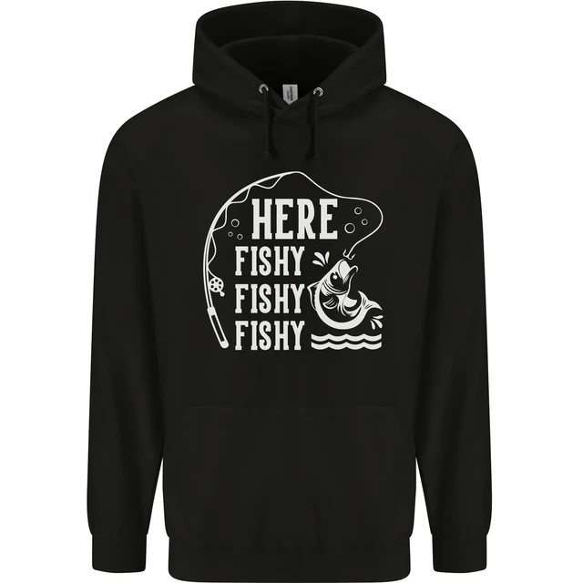 Felpa con cappuccio Here Fishy Fishy divertente pescatore da uomo 80% cotone
