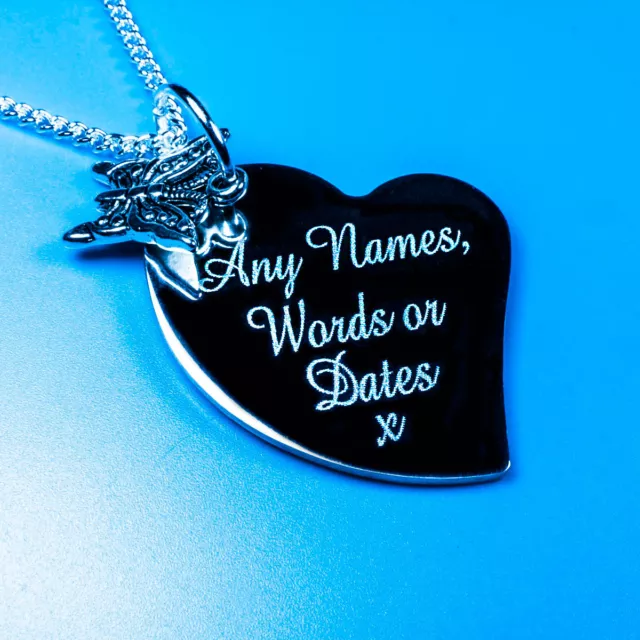 Personalised  Heart Butterfly Charm Pendant Necklace Gift Name Words Engraving