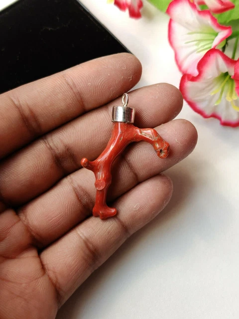 925 pendentif brut de corail rouge italien naturel, bijoux de corail rouge,...