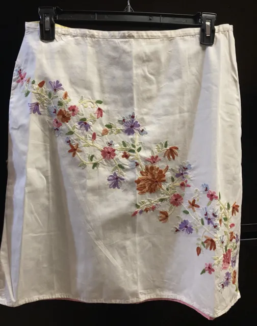 TOMMY HILFIGER Vtg Floral Embroidered A-Line Skirt Knee Length White Cotton 14