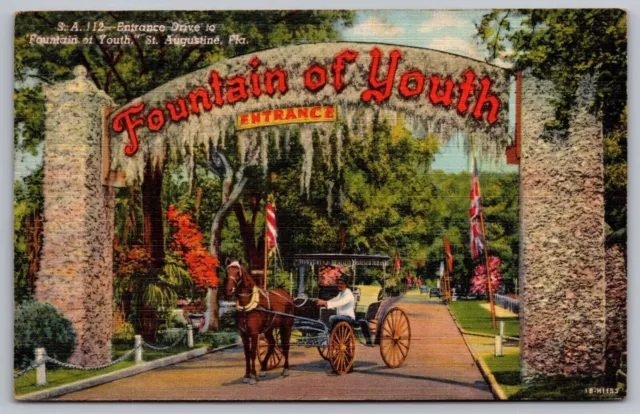 St Augustine Florida Fountain Of Youth Entrance Linen Cancel WOB Postcard