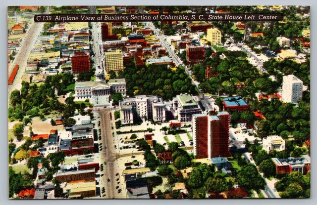 Postcard Airplane View Business Section Columbia South Carolina State House O1