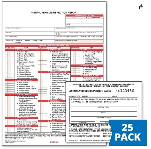 25 PCK ANNUAL Vehicle Inspection Report Form DOT AVIR Compliant Shrink ...