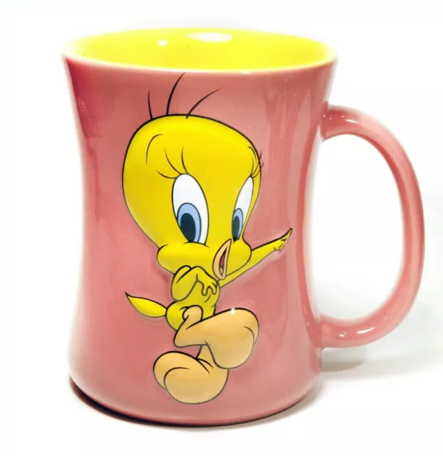 Tweety Bird Looney Tunes Raised 3D Mauve Pink w/ Yellow Interior Coffee Mug Cup