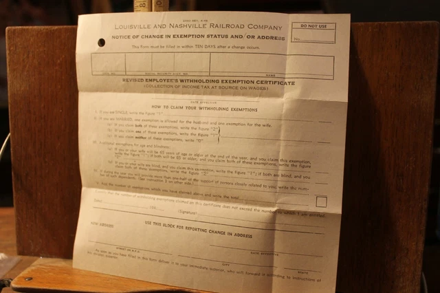 1940's L&N Louisville Nashville Railroad Change Exemption Form