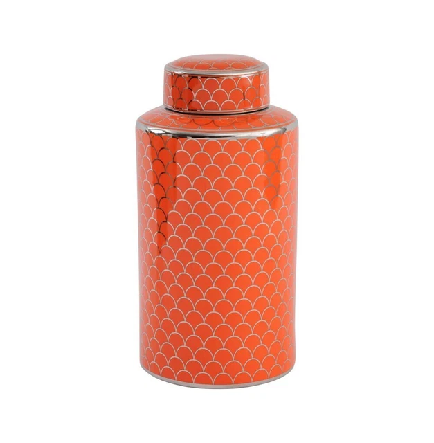 Orange Ceramic Lidded Jar With Silver Detail